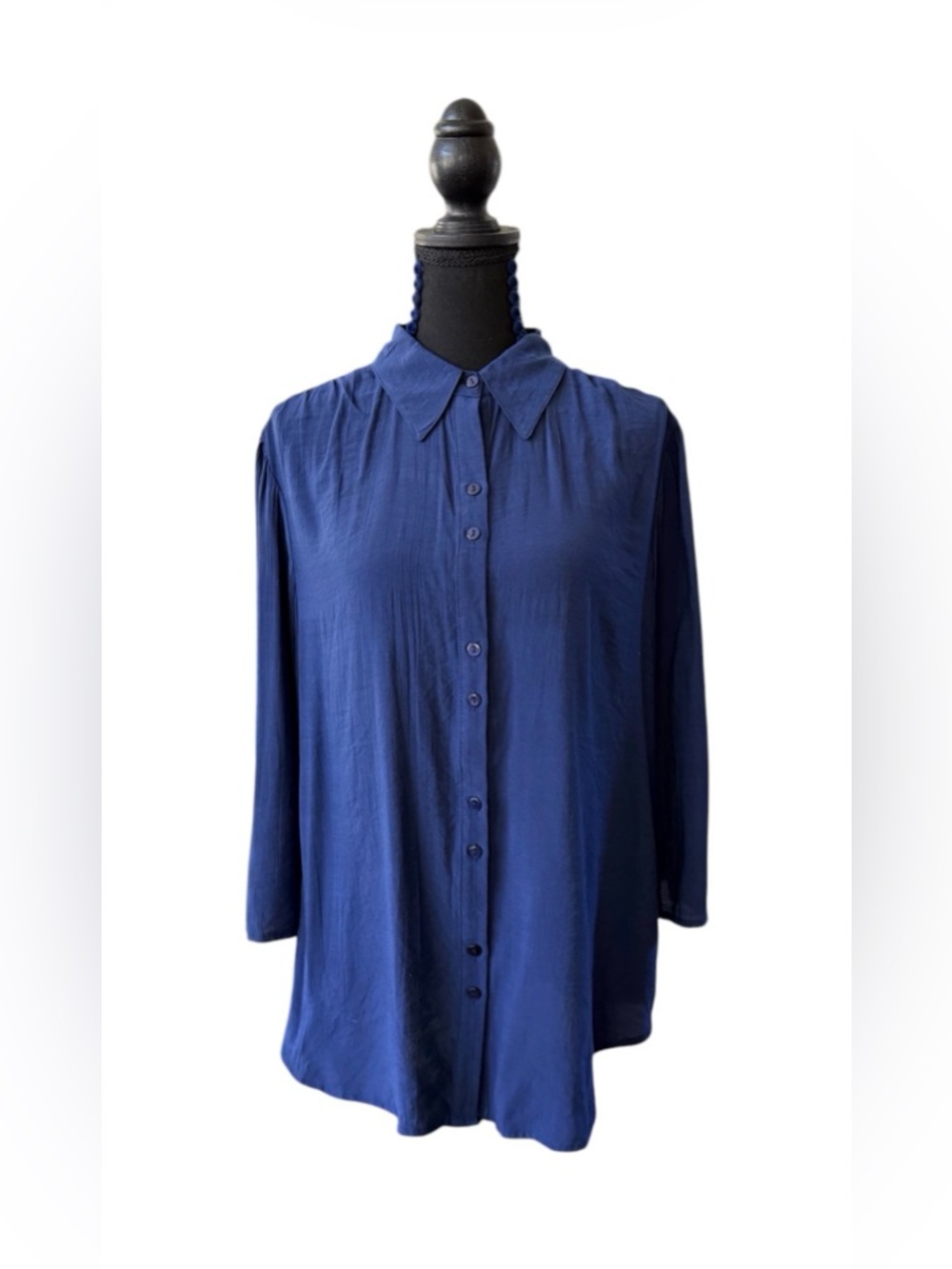 NY Collection Navy Blue Button-Down Rayon Mix Blouse with Mid roll tab Sleeves